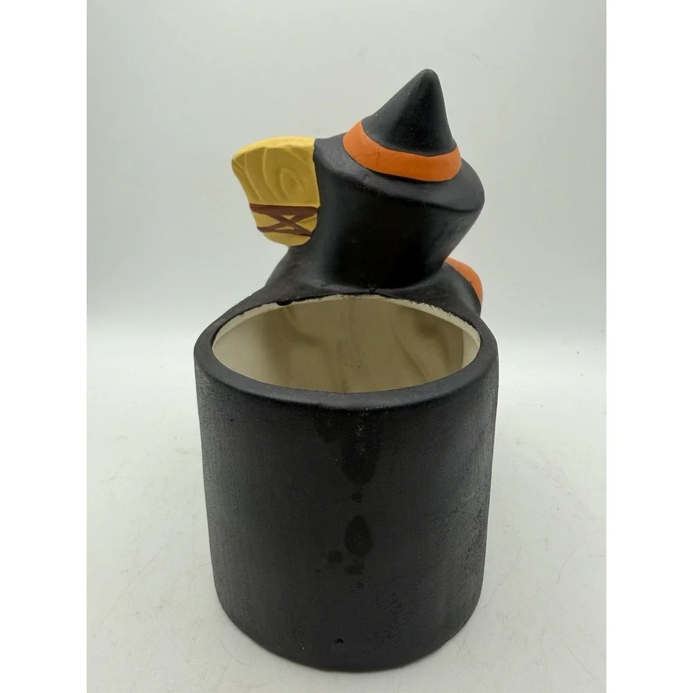 Vintage Halloween Witch Pumpkin Broom Ceramic Planter Container Decor